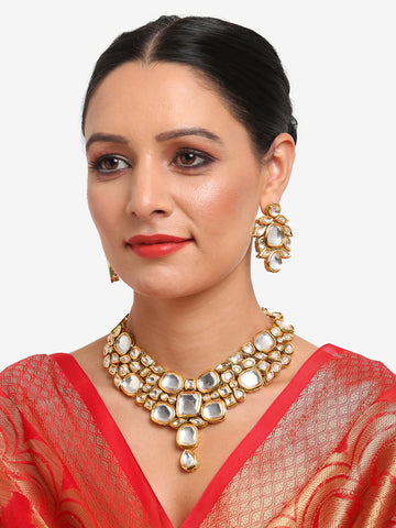 Ruby Raang Women's Kundan Neckpiece with Earrings