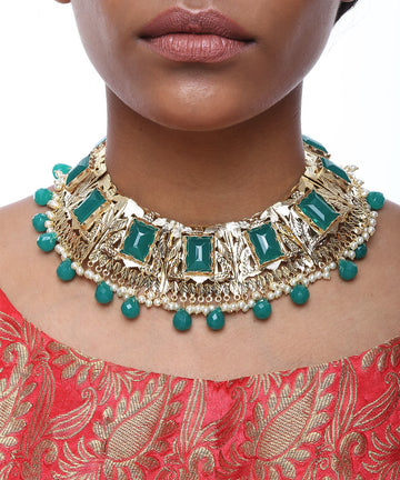 Ruby Raang EMERALD NECKPIECE WITH EARRINGS AND RING