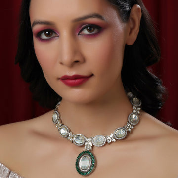 Ruby Raang Gold and Silver Tone Neckpiece with Green Center Piece