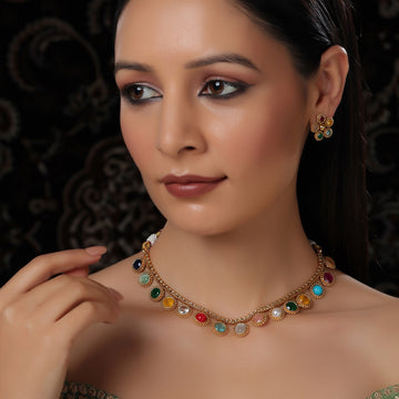 Multi Colored Stone in Gold Choker with Earrings