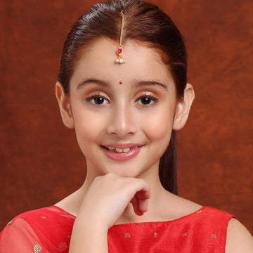 Ruby Raang Kids Tear Drop Shaped Maang Tikka with Jhallar Pearls Maroon Bead in Gold Plated Brass