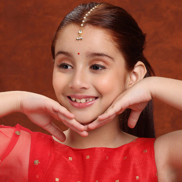 Ruby Raang Kids Tear Drop Shaped Maang Tikka with Jhallar Pearls Bead in Gold Plated Brass
