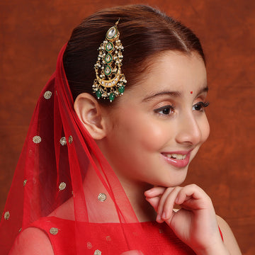 Ruby Raang Kids Green Stone and Pearl Passa with Pearls in Gold Plated Brass