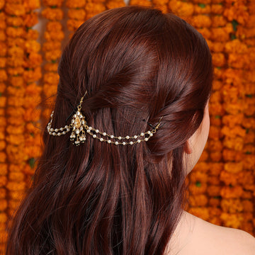 Ruby Raang Kids Kundan Hair Accesory / Hair Pin with Pearl Jhallars in Gold Plated Brass