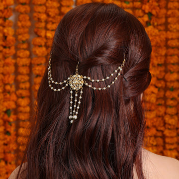 Ruby Raang Kids Kundan Hair Accessory / Hair Pin with Pearl Drops in Gold Plated Brass