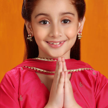 Ruby Raang Kids Kundan Tear Drop Shaped Studs Earrings in Maroon with Pearl Jhallar in Gold Plated Brass
