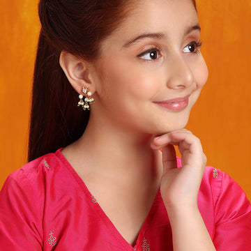 Ruby Raang Kids Tear Drop Shaped Kundan Studs Earrings with Pearl Jhallar in Gold Plated Brass