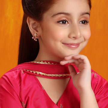 Ruby Raang Kids Tear Drop Shaped Kundan Studs Earrings in Blush Pink with Jhallar in Gold Plated Brass