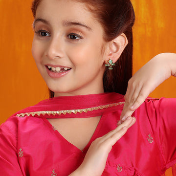 Ruby Raang Kids Tear Drop Shaped Kundan Studs Earrings in Mint Green with Jhallar in Gold Plated Brass