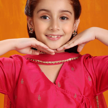 Ruby Raang Kids  Tear Drop Shaped Kundan Studs Earrings in Green Stone with Pearl Jhallar in Gold Plated Brass