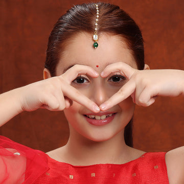 Ruby Raang Kids Maang Tikka with Green Drop and Pearls in Hexagon Shape Gold Plated Brass