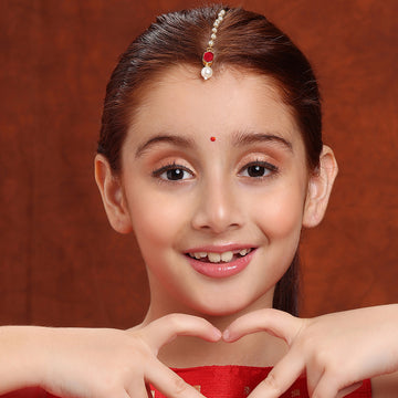 Ruby Raang Kids Maang Tikka with Maroon Drop and Pearls Hexagon Shape Gold Plated Brass