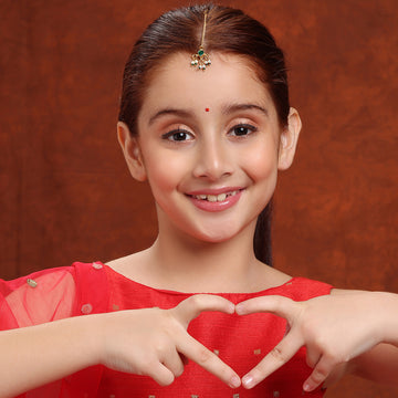 Ruby Raang Kids Tear Drop Shaped Maang Tikka with Jhallar Pearls Green Bead in Gold Plated Brass