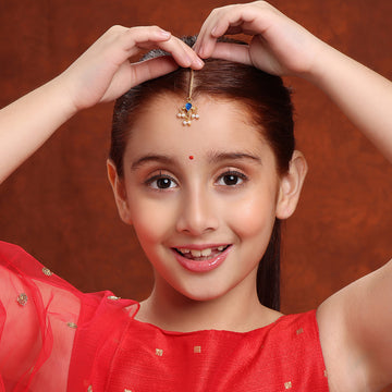 Ruby Raang Kids  Tear Drop Shaped Maang Tikka with Jhallar Pearls Green Bead in Gold Plated Brass