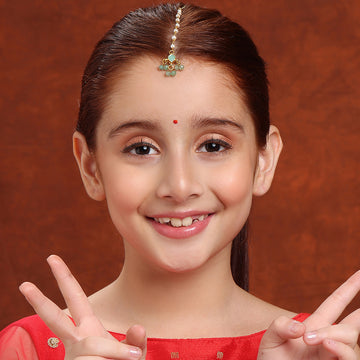 Ruby Raang Kids Tear Drop Shaped Maang Tikka with Jhallar Mint Green Bead in Gold Plated Brass