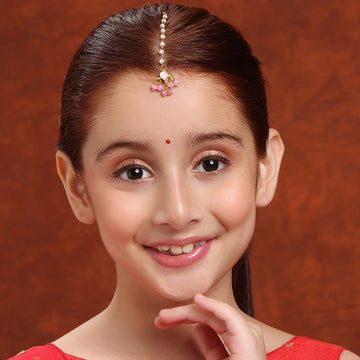 Ruby Raang Kids Tear Drop Shaped Maang Tikka with Jhallar Pearls Pink Blush Bead in Gold Plated Brass