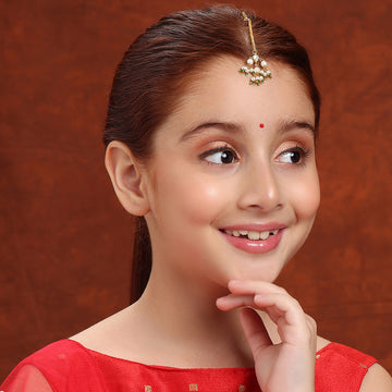 Ruby Raang Kids Tear Drop Shaped Maang Tikka with Jhallar Pearls Green Bead in Gold Plated Brass