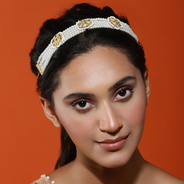Ruby Raang Gold Plated Kundan Headband with Pearls