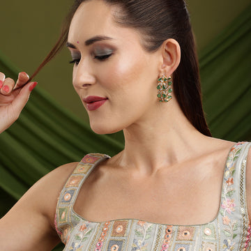 Ruby Raang Women's Natural Green Stone with Moissanite Diamond Earrings