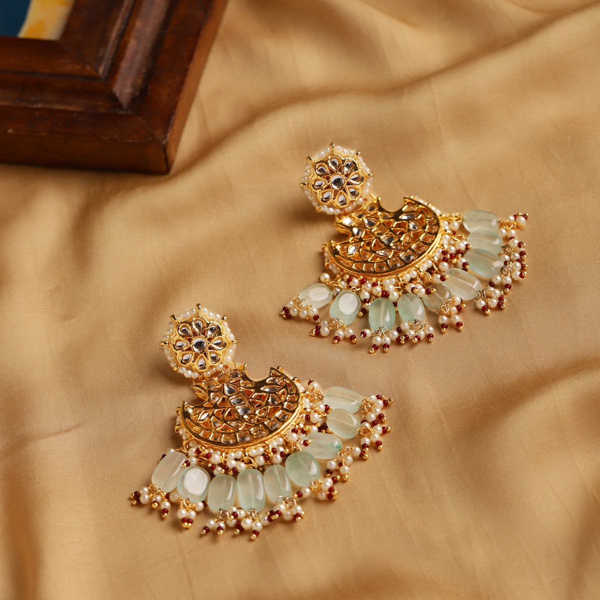 Ruby Raang Women's Artificial Kundan Earrings - Traditional Indian Mixed Metal Jewellery Set (Green) - View #2