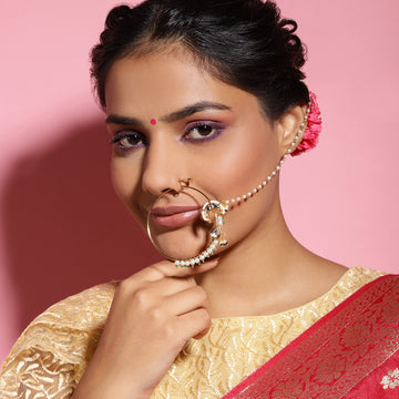 Ruby Raang Green & Pearl Kundan Beaded Nose Ring