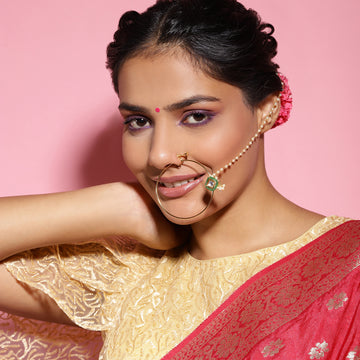 Ruby Raang Green Kundan Beaded Nose Ring