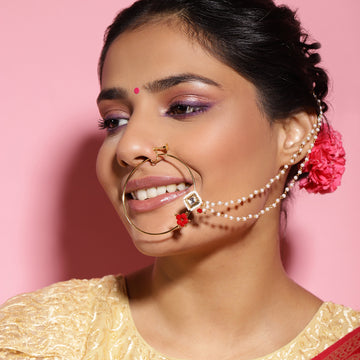 Red & Pearl Kundan Beaded Nose Ring
