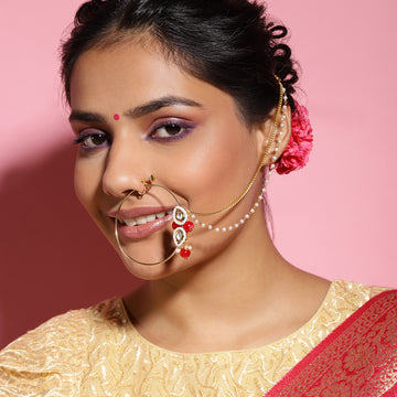 Red & Pearl Kundan Beaded Nose Ring