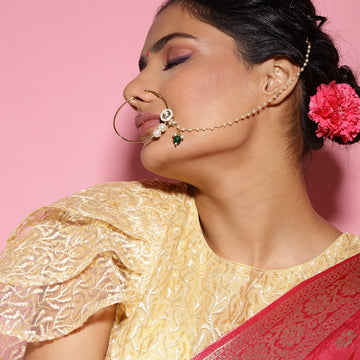 Ruby Raang Green Drop & Pearl Beaded Nose Ring