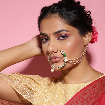 Ruby Raang Green & Pearl Kundan Beaded Nose Ring