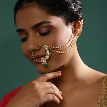 Ruby Raang Green Drop & Pearl Kundan Beaded Nose Ring