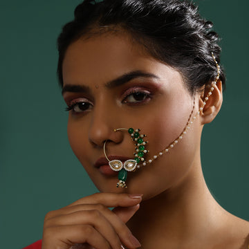 Ruby Raang Green & Pearl Kundan Beaded Nose Ring