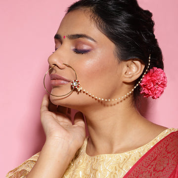 Red & Pearl Kundan Beaded Nose Ring