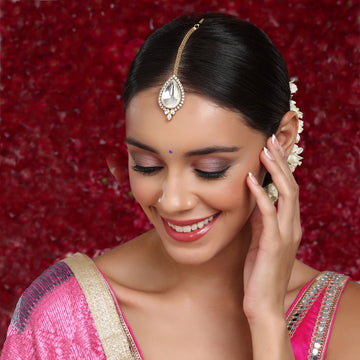 Ruby Raang Women's Kundan Maang Tikka with Diamonds & Emerald Stone