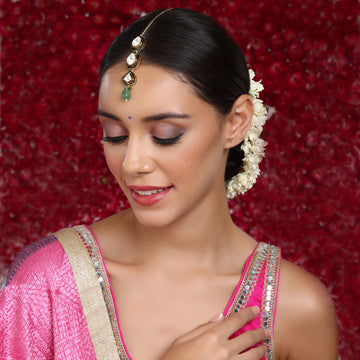 Ruby Raang Women's Kundan Maang Tikka with Meenakari & Emerald Drop