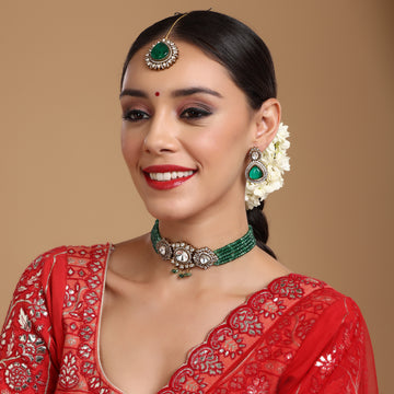 Ruby Raang Women Emerald Stone and Mossainite Kundan in Green Onyx with Matching Earrings and Maang Tikka