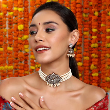 Ruby Raang Women Kundan and Mossainite Choker in Pearls with matching Jhumki Earrings