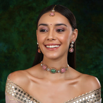 Ruby Raang Women Multi Stone and Mossainite Kundan Choker with Matching Earrings and Maang Tikka