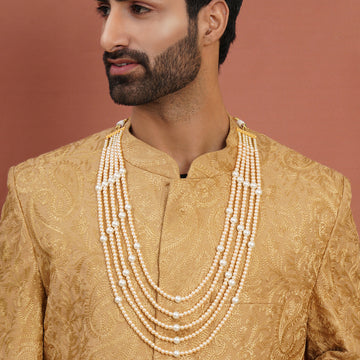 Ruby Raang Dual Tone Pearl White & Off White Beaded Layered Necklace for Men