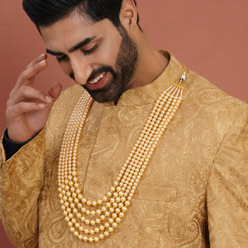 Ruby Raang Deep Cream Beaded Layered Necklace for Men