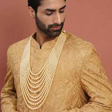 Ruby Raang Deep Cream Beaded Layered Necklace for Men