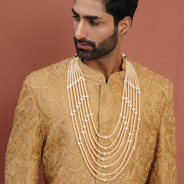 Ruby Raang Dual Tone Pearl White & Off White Beaded Layered Necklace for Men
