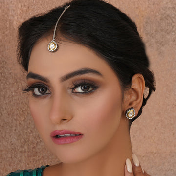Ruby Raang Dual Tone Kundan Maang Tikka with Earrings