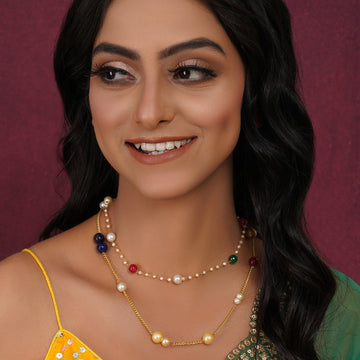Layered Pearl and Gold Neckpiece with Multi Stones