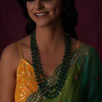 Long Layered Green Neckpiece with Kundan Studs