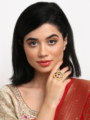Ruby Raang Women's Kundan Navratan Ring