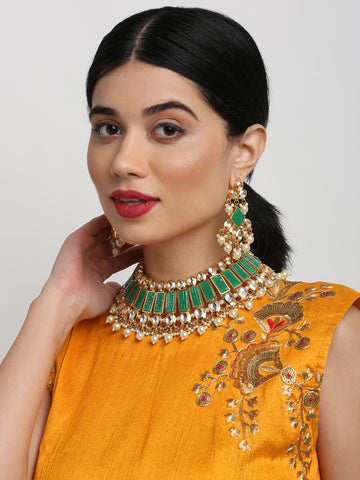 Ruby Raang Women's Kundan Neckpiece with Earrings