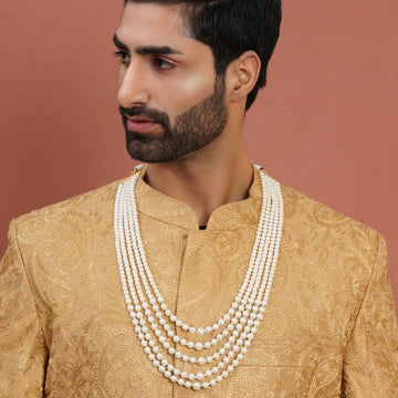 Pearl White and Crystal Beaded Layered Nekclace for Men