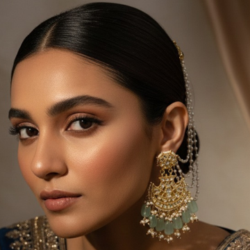 Three Pearl Layered Ear Chain in Green with Kundan (set of 2)