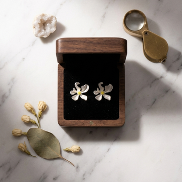 Silver Open Petal Flower Stud Earrings with Gold Crystal Centre